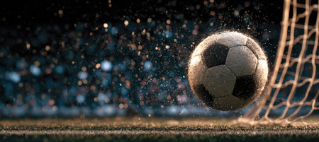 Photorealistic image of a soccer ball caught mid-air near the goal line, highlighted by dramatic lighting and particles. The scene captures the intensity of the moment in horizontal framing.の素材