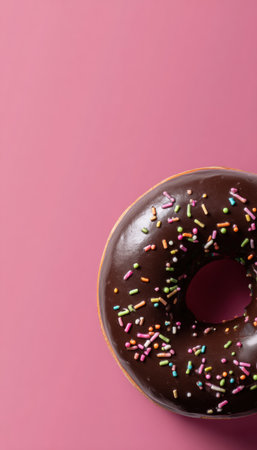 A chocolate glazed donut topped with colorful sprinkles is artfully placed on a solid pink background, showcasing a minimalist and clean commercial style.の素材
