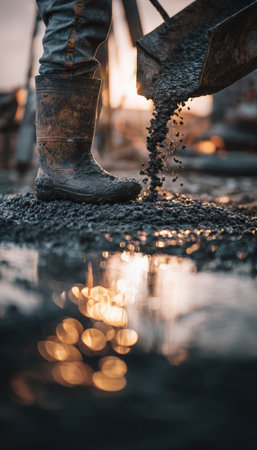 A worker in muddy boots pours concrete onto the ground, creating an industrial atmosphere with warm light reflections and a cinematic tone.の素材