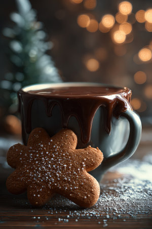 Close-up of a gingerbread cookie dipped in a rich chocolate drink, set against a softly lit holiday background. The scene evokes a cozy wintertime atmosphere with warm, festive vibes.の素材