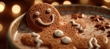 A macro close-up of a smiling gingerbread man floating in hot cocoa, showcasing detailed icing textures and a warm, festive glow. Perfect for holiday-themed content.の素材