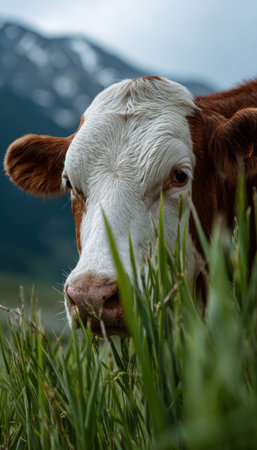 Cinematic close-up of a cow peeking through green grass with a stunning blue mountain backdrop, capturing the essence of farm life and natural beauty.の素材