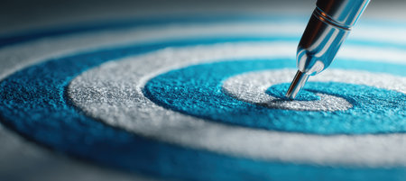 A cinematic macro image of a dart striking the center of a blue and white target. The vivid colors and sharp focus highlight the precision and impact of the dart.の素材