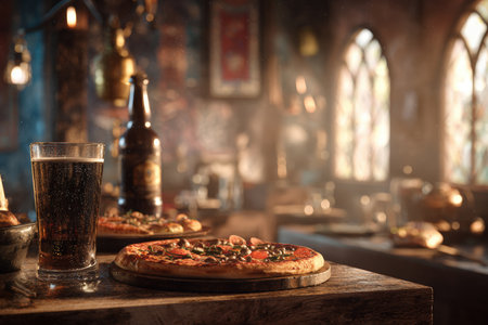 High realism image of a rustic tavern with a pizza and frosty beer on the counter. Features cinematic lighting and a bokeh background, creating a warm, inviting ambiance.の素材