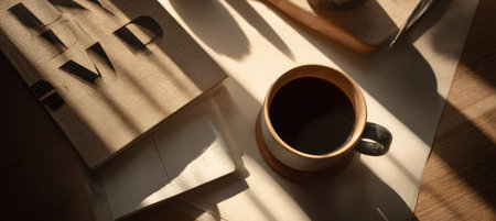 Warmly lit still life featuring a coffee cup and notebook with bold typography. The cinematic lighting and composition evoke a sense of productivity and inspiration.の素材