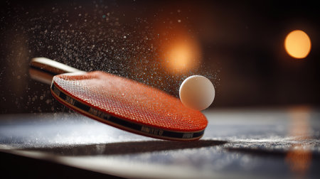 A table tennis paddle and ball are captured mid-air, highlighted by an orange backlight. The cinematic composition and sporty tone emphasize the dynamic motion and energy.の素材
