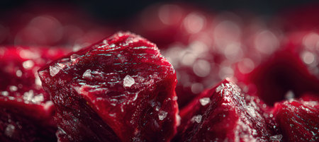 Close-up macro image of raw meat texture under bright lighting, highlighting detailed surface features. The blurred industrial setting in the background adds depth and context.の素材