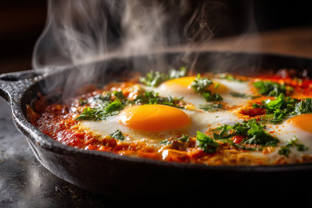 A photorealistic image of shakshuka cooking in a hot skillet. Eggs are freshly cracked into the vibrant, bubbling sauce, garnished with fresh herbs, creating a mouthwatering scene.の素材