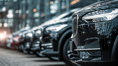 A sleek black SUV with a reflective hood is prominently displayed in an outdoor showroom. The image captures a dramatic automotive editorial style with a blurred background.の素材