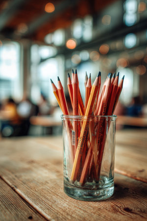 A realistic close-up photo of sharpened pencils in a transparent cup on a wooden desk. The image features soft natural lighting with a blurred classroom background.の素材