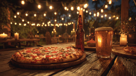 A rustic pizza and beer set on a wooden table under glowing string lights, creating a warm and inviting outdoor night atmosphere, perfect for a lifestyle realism setting.の素材