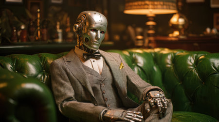 A humanoid android with polished chrome features and a subtle expression, dressed in a gray suit, sits on a green leather sofa in a vintage gentleman's club, evoking a warm evening ambiance.の素材