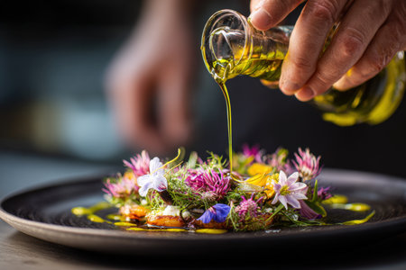 High-resolution image of a chef's hands drizzling olive oil over a contemporary vegan dish, adorned with herbs and colorful edible flowers, showcasing fine dining artistry.の素材