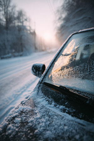 A vehicle is parked on a snow-covered road, its windshield frosted with a faint outline of wipers visible. The scene is softly lit, capturing the serene calm of a winter day.の素材
