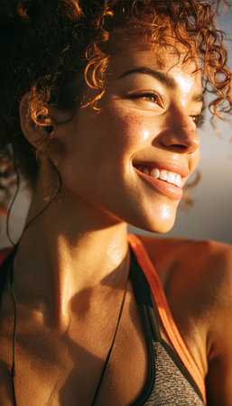 Close-up of a woman athlete glowing in the morning light, showcasing a joyful expression and fitness confidence. The cinematic tone enhances her radiant and energetic presence.の素材