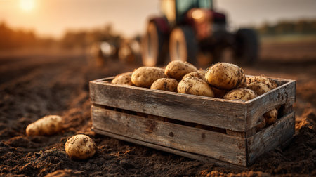 Freshly harvested potatoes in a rustic wooden box on brown soil, with a red tractor in the background. The scene is beautifully lit by a golden sunset, creating a cinematic countryside atmosphere.の素材