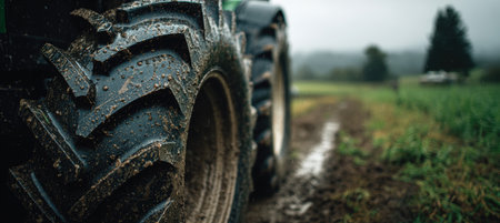 Close-up of a tractor tire covered in mud and raindrops on a rural farm. Captured in overcast morning light, this image highlights the ruggedness of agricultural machinery.の素材
