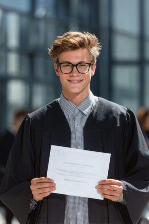A young orator in academic attire smiles while holding a certificate. The photorealistic image captures the essence of achievement in a bright daylight setting.の素材