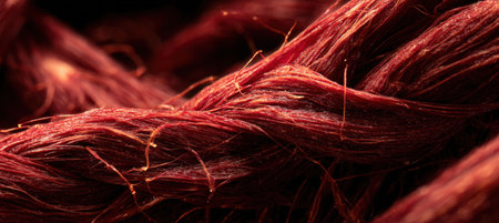 Close-up view of red meat fibers under bright lighting, highlighting intricate textures and reflections on a stainless background, showcasing industrial realism.の素材