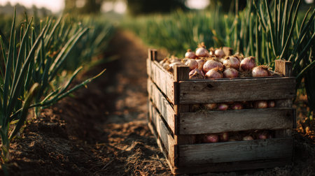 A wooden crate filled with freshly harvested onions sits on a field under bright sunlight. Green onion rows stretch into the background, capturing the essence of rural farming.の素材