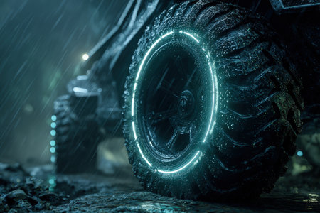 A cinematic depiction of a futuristic off-road vehicle tire with glowing lines, covered in raindrops, set in a dark sci-fi canyon. The image captures a sense of realism and adventure.の素材