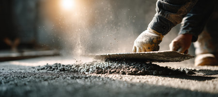 A construction worker skillfully spreads freshly poured concrete using a trowel. The scene is illuminated by natural light, highlighting dust particles in the air, creating a realistic tone.の素材