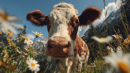 A curious cow gazes into the camera from a grassy field adorned with wildflowers, set against a backdrop of majestic mountains under bright daylight, capturing a cinematic rural scene.の素材