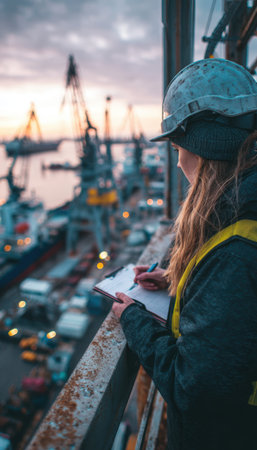 A female site supervisor writes on a clipboard at a dockyard, with cargo ships and cranes in the background. The image features cinematic depth and lighting, highlighting industrial activity.の素材