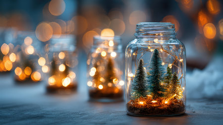 Glass jars containing tiny pine trees and fairy lights create a cozy holiday atmosphere. The blurred background lights enhance the cinematic and festive feel of the scene.の素材