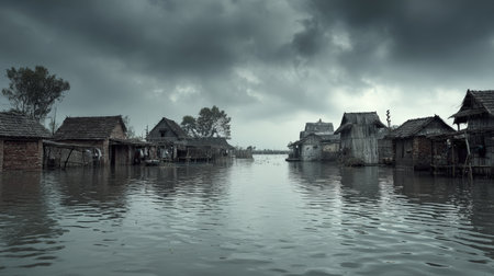 Wide view of a flood-affected village with water engulfing homes under a somber, cloudy sky. The image captures a cinematic environmental tone, highlighting the impact of natural disasters.の素材