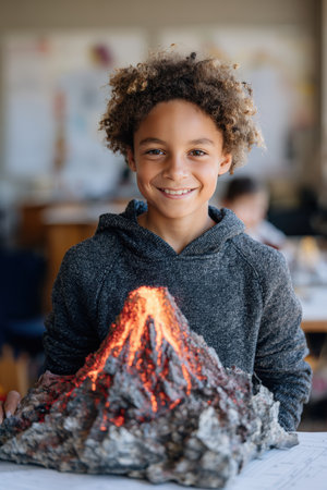 A cheerful student proudly displays a model volcano project in bright daylight, symbolizing educational success. The photorealistic image captures a moment of achievement.の素材