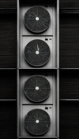 Black and white image showcasing a minimalistic composition of industrial air conditioning fans, highlighting modern architectural design elements.の素材