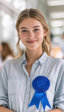 A young female student proudly displays a first-place ribbon against a blurred school background. The image captures her joyful expression in soft natural light, emphasizing her achievement.の素材