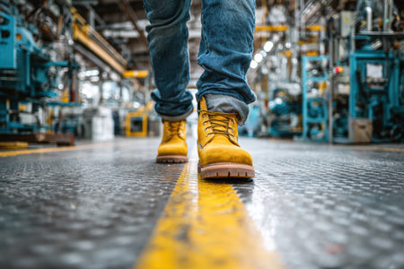 A worker wearing yellow leather boots and blue jeans walks through an industrial factory. The background features polished metal machinery, realistic lighting, and a shallow depth of field.の素材