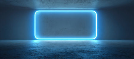 A vibrant blue neon light forms a rectangular frame with glowing edges, set against a moody night backdrop. The cinematic tone enhances the futuristic and atmospheric ambiance.の素材