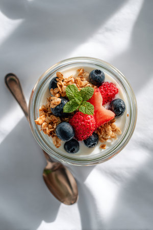 Overhead shot of a yogurt parfait in a glass jar, topped with granola, fresh berries, and mint leaves. Set on a white surface with natural shadows, highlighting its vibrant colors.の素材