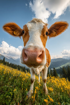 A cheerful cow grazes in a vibrant meadow, playfully glancing at the camera. The cinematic countryside backdrop enhances the serene and joyful rural scene.の素材
