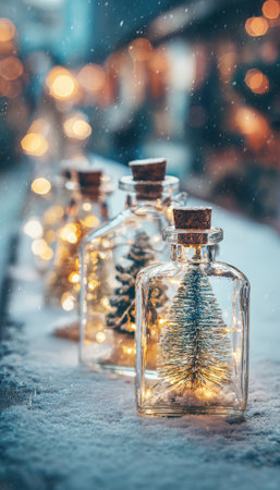 A row of decorative glass bottles containing miniature Christmas trees, illuminated by warm bokeh lights. The scene is set against a dreamy snowfall, creating a cinematic holiday atmosphere.の素材
