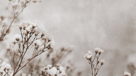A serene image featuring a subtle snowfall texture fading into a bone-white center. The scene is enhanced with a gentle bloom and tasteful film grain, creating an editorial-grade blank field.の素材