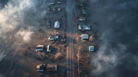 Aerial photograph capturing flooded roads connecting isolated homes surrounded by murky water and debris. The image is presented in a moody documentary style, highlighting the aftermath of a flood.の素材