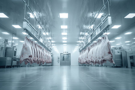 Industrial meat processing room featuring symmetrical hanging cuts and stainless steel equipment. Bright lighting and a cinematic cold tone create a sterile, efficient atmosphere.の素材