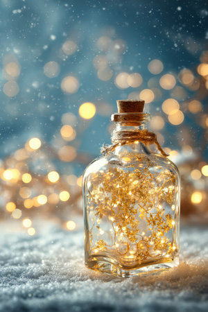 A festive winter scene featuring a glass bottle with golden lights inside, set against a snowy background with cinematic bokeh. Perfect for holiday and seasonal themes.の素材
