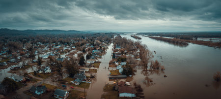 Aerial drone capture of a flooded riverside village, showcasing reflections of clouds in the brown water. The image conveys a somber, post-storm mood with cinematic realism.の素材