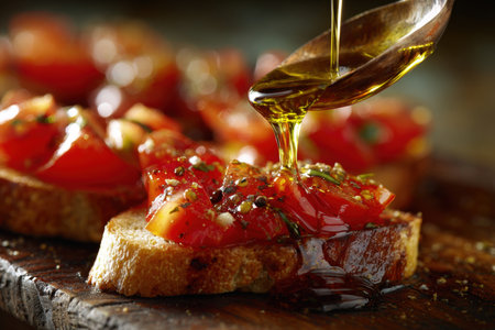 Close-up of olive oil being drizzled from a spoon onto tomato bruschetta. The scene features a rustic wooden background with natural shadows, highlighting the vibrant colors.の素材