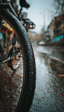 A detailed close-up of a bicycle tire covered in raindrops, set against an urban street with puddles. Captured in natural daylight, the image evokes a cozy rainy morning atmosphere.の素材