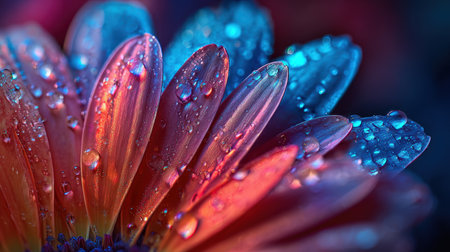 Artistic macro image of daisy petals shimmering with water droplets. Features a vibrant color gradient from blue to red, enhanced by cinematic lighting and a soft-focus background.の素材