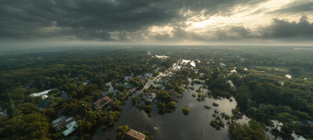 Aerial drone photo capturing a tropical flood zone with submerged vegetation and rooftops under a cloudy sky. The diffused sunlight adds a cinematic realism to the scene.の素材
