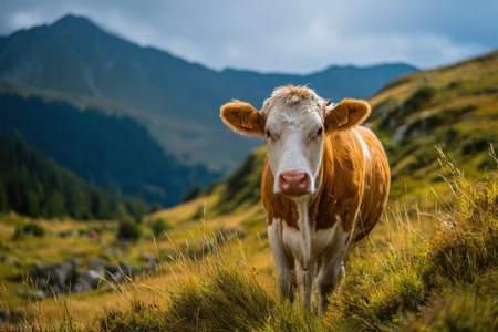 A friendly cow stands in a vibrant meadow with a stunning blue mountain horizon. Captured in natural sunlight, this cinematic photograph showcases vivid colors and serene rural beauty.の素材