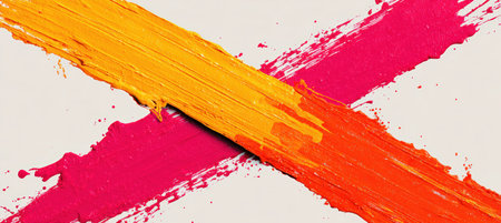 A minimalist flat illustration featuring two intersecting paint strokes resembling a race track. The bright, contrasting colors symbolize creativity and challenge in a wide composition.の素材