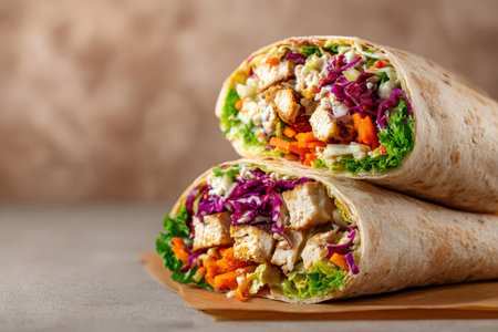 A delicious wrap filled with grilled tofu, shredded cabbage, carrots, and tahini sauce, cut in half and isolated on a pastel brown background, showcasing a healthy meal option.の素材